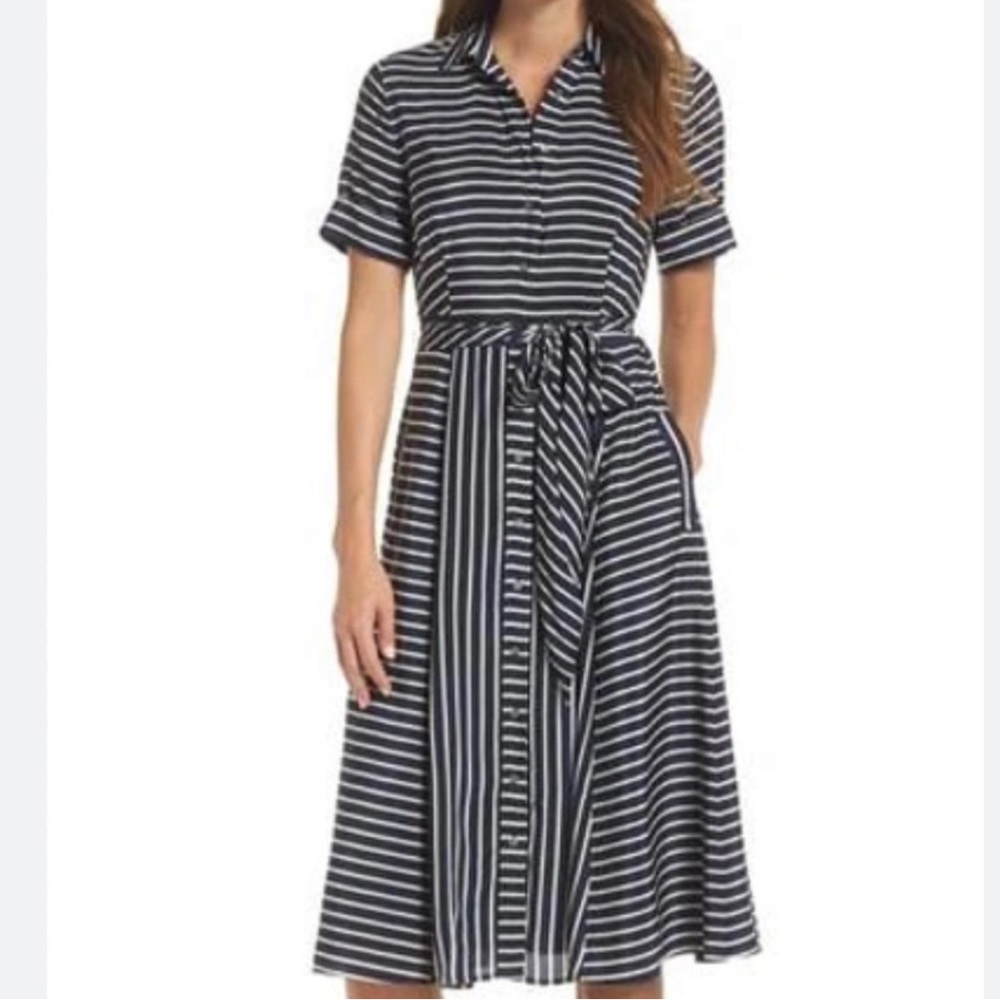 J crew silk shirtdress vintage indigo blue stripes short sleeves button down